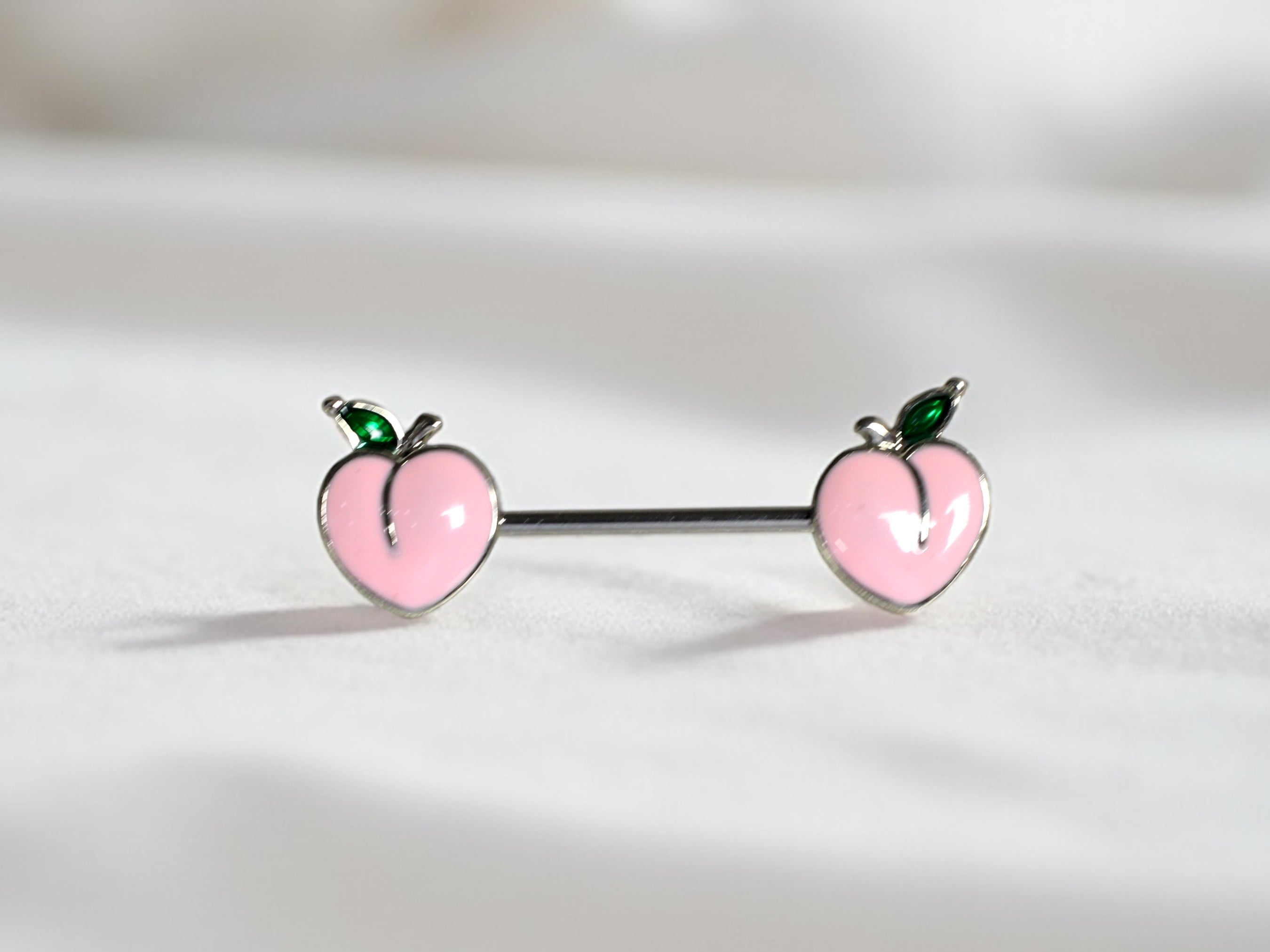 Pair of 14G Silver Pink Enamel Peach Ends Nipple Barbell