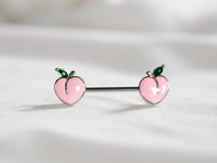 Pair of 14G Silver Pink Enamel Peach Ends Nipple Barbell