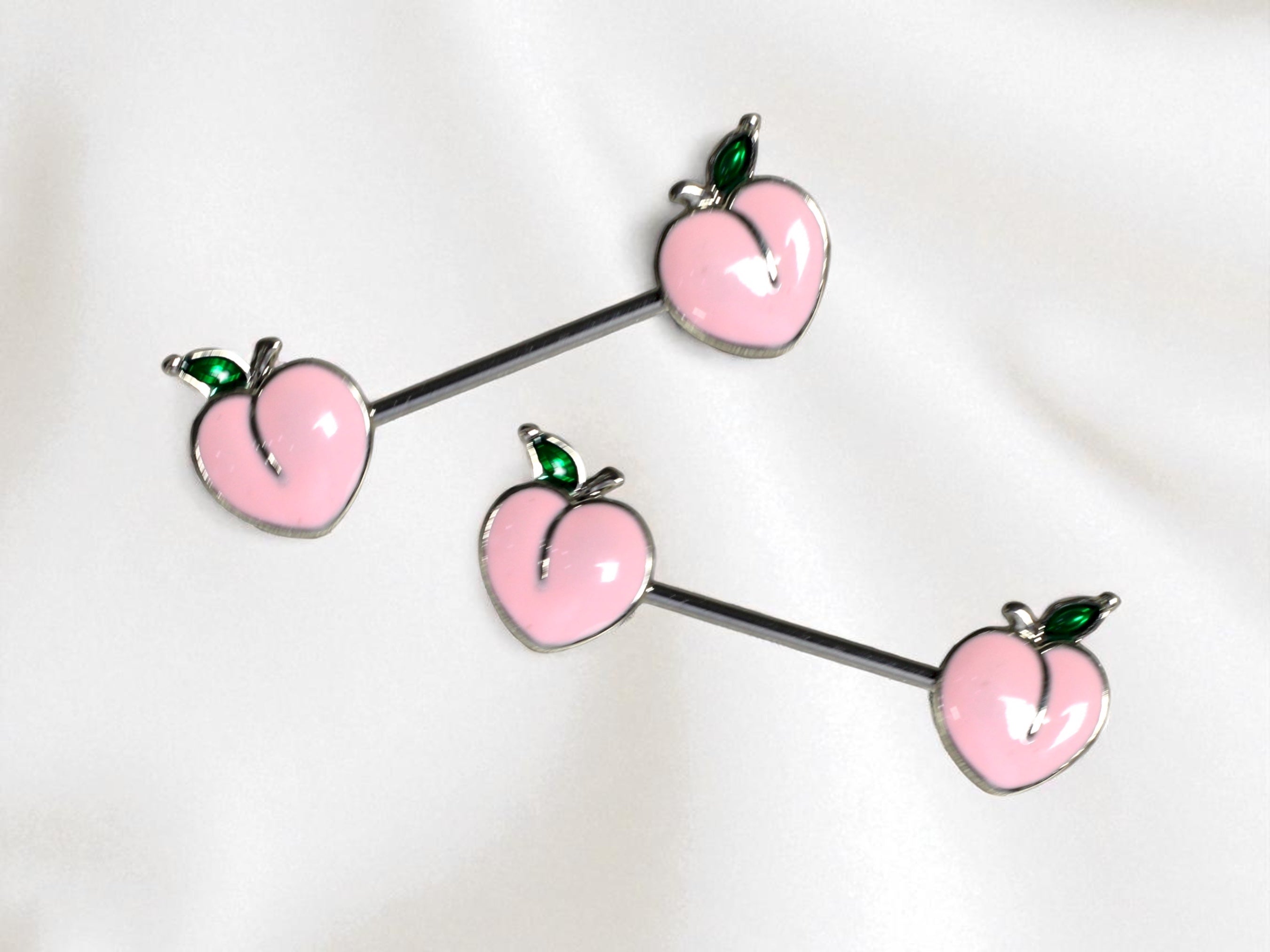 Pair of 14G Silver Pink Enamel Peach Ends Nipple Barbell