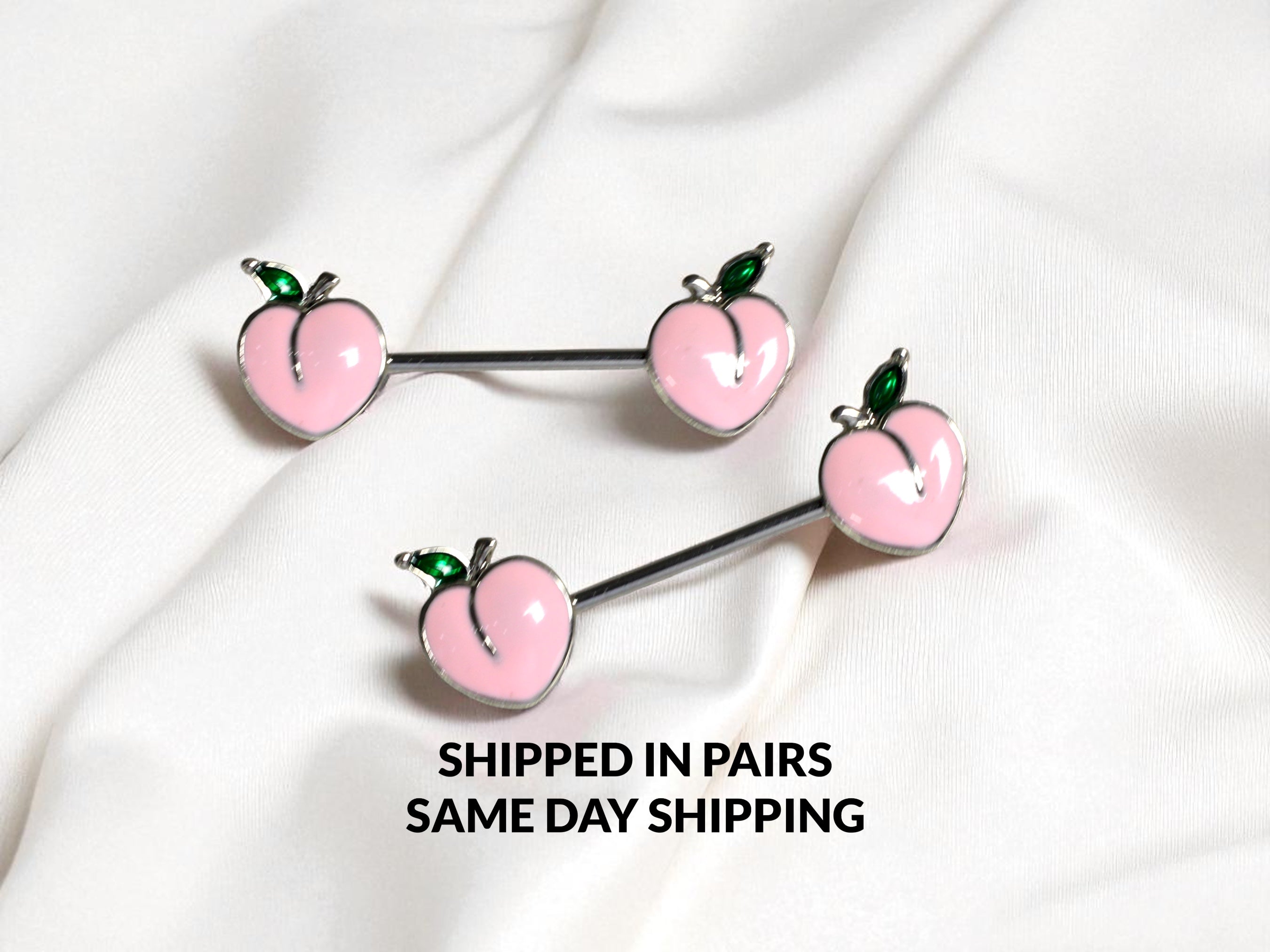 Pair of 14G Silver Pink Enamel Peach Ends Nipple Barbell