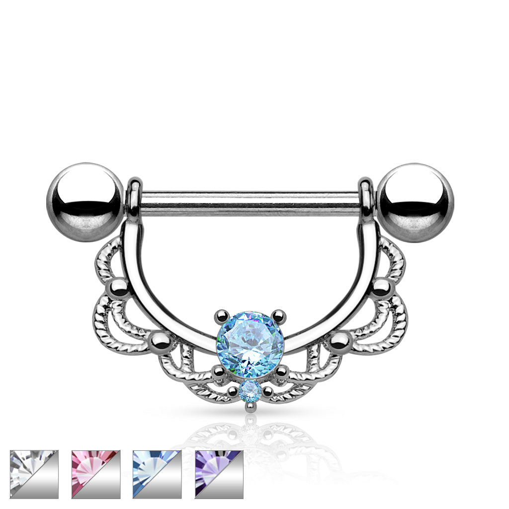 Pair of 14G Clear Gem Filigree Dangle Nipple Barbell
