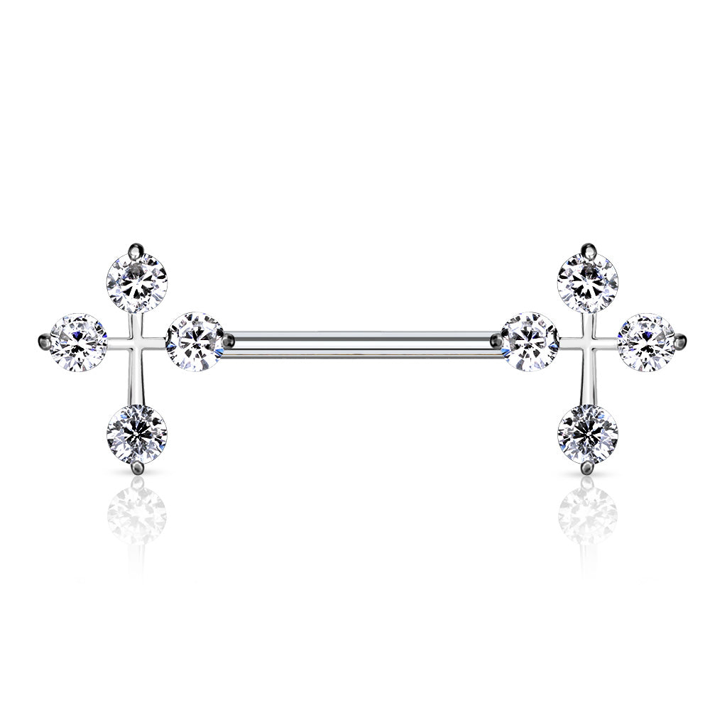 14G Sparkling Stones Cross Ends Nipple Barbells. Nipple Piercings. Nipple Rings. Nipple Jewelry