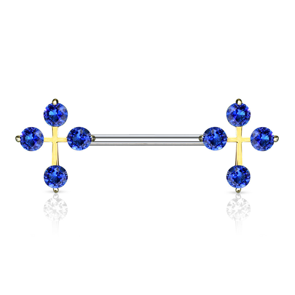 14G Sparkling Stones Cross Ends Nipple Barbells. Nipple Piercings. Nipple Rings. Nipple Jewelry