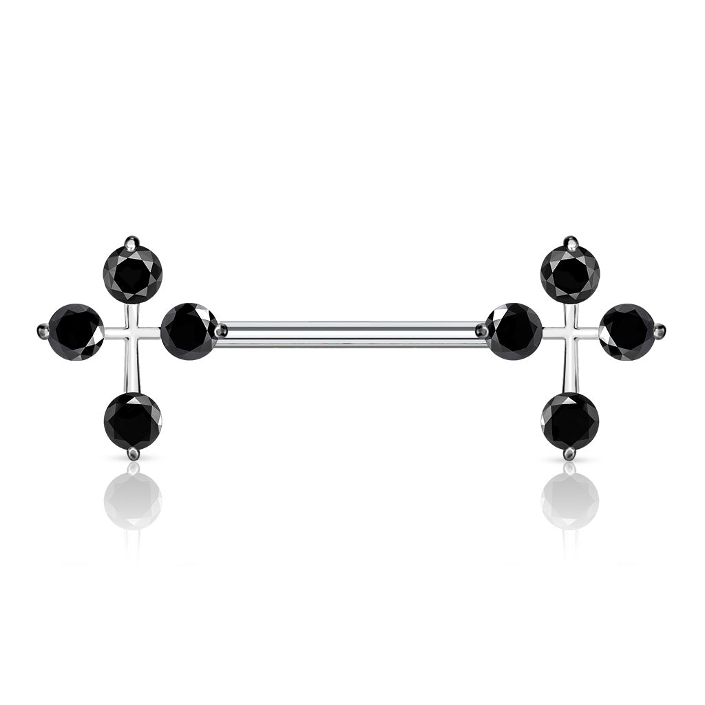 14G Sparkling Stones Cross Ends Nipple Barbells. Nipple Piercings. Nipple Rings. Nipple Jewelry