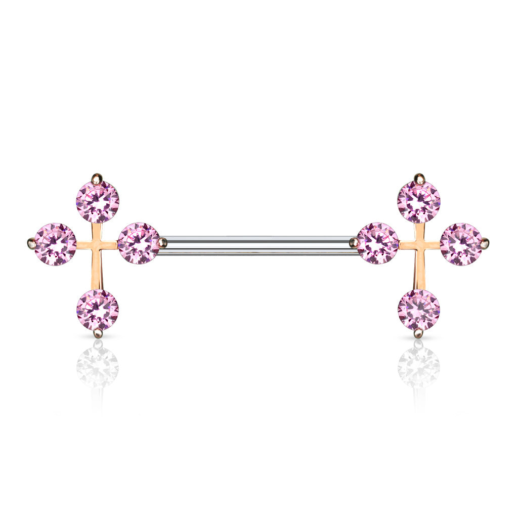 14G Sparkling Stones Cross Ends Nipple Barbells. Nipple Piercings. Nipple Rings. Nipple Jewelry