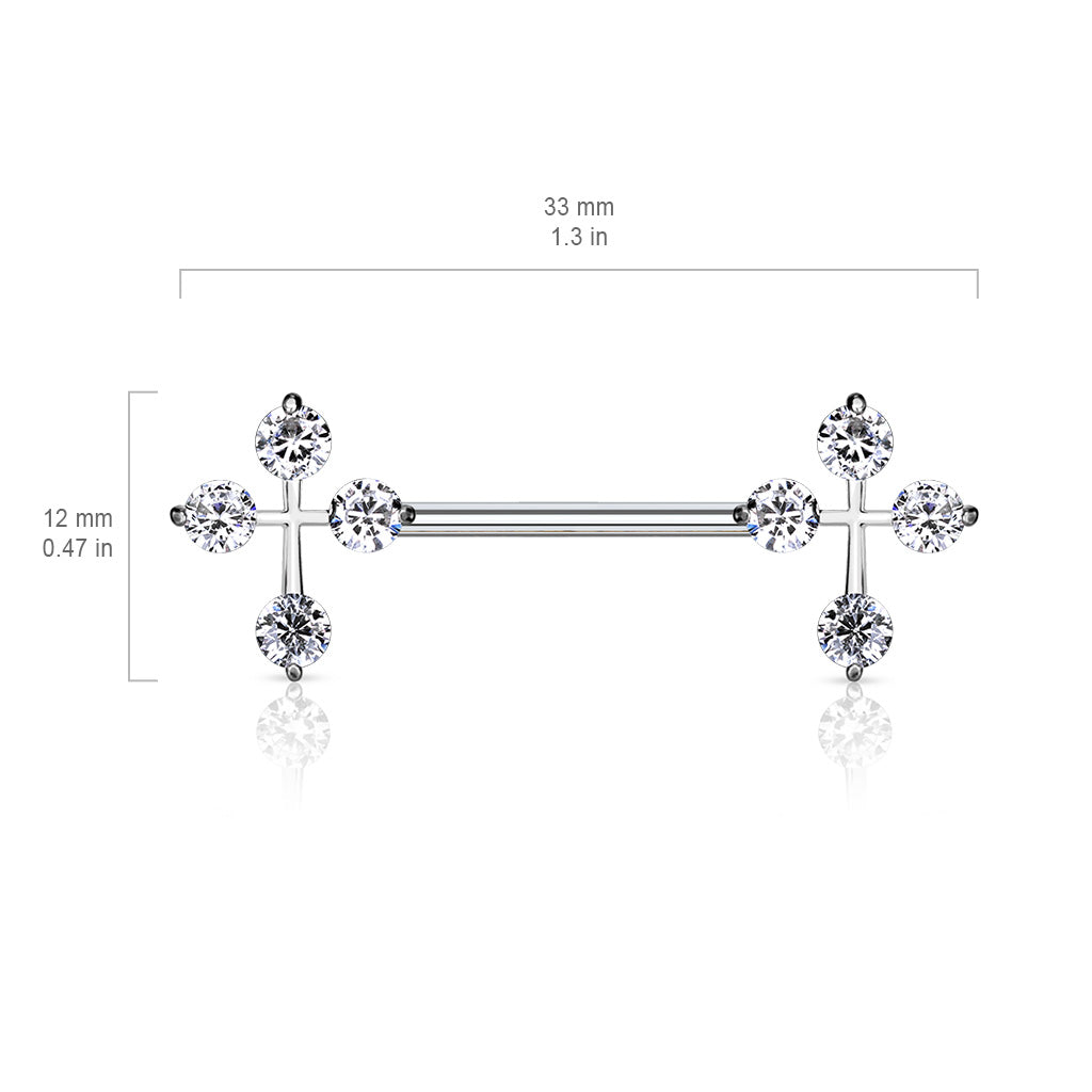 14G Sparkling Stones Cross Ends Nipple Barbells. Nipple Piercings. Nipple Rings. Nipple Jewelry