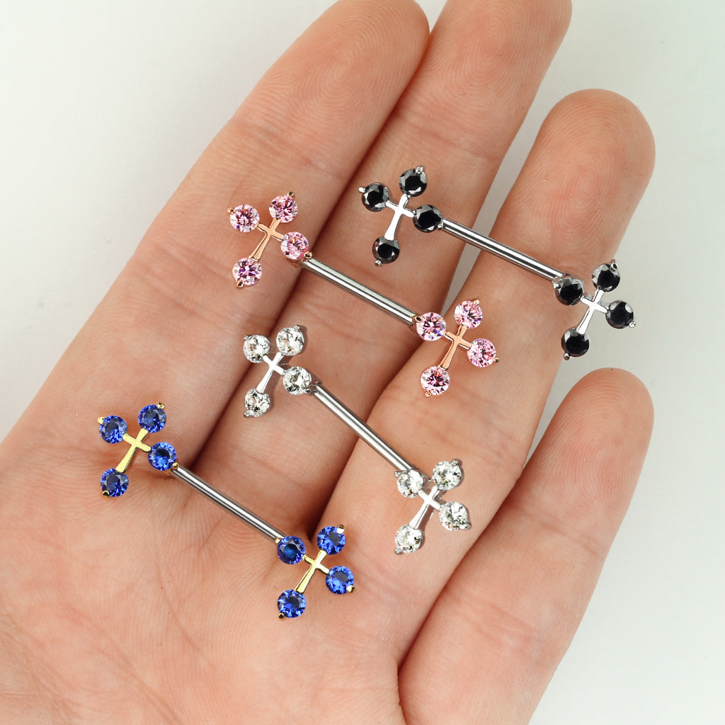 14G Sparkling Stones Cross Ends Nipple Barbells. Nipple Piercings. Nipple Rings. Nipple Jewelry