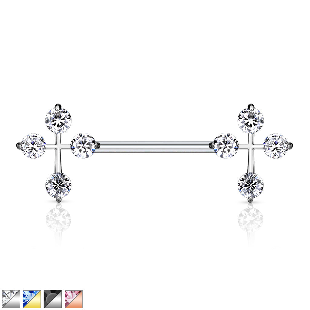14G Sparkling Stones Cross Ends Nipple Barbells. Nipple Piercings. Nipple Rings. Nipple Jewelry