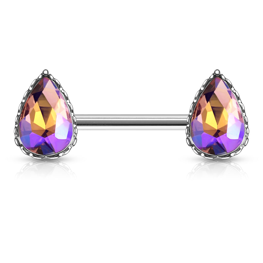 Pair of 14G Sparkling Clear Red Effect Teardrop Stones Nipple Barbells. Nipple Piercing. Nipple Rings. Nipple Jewelry