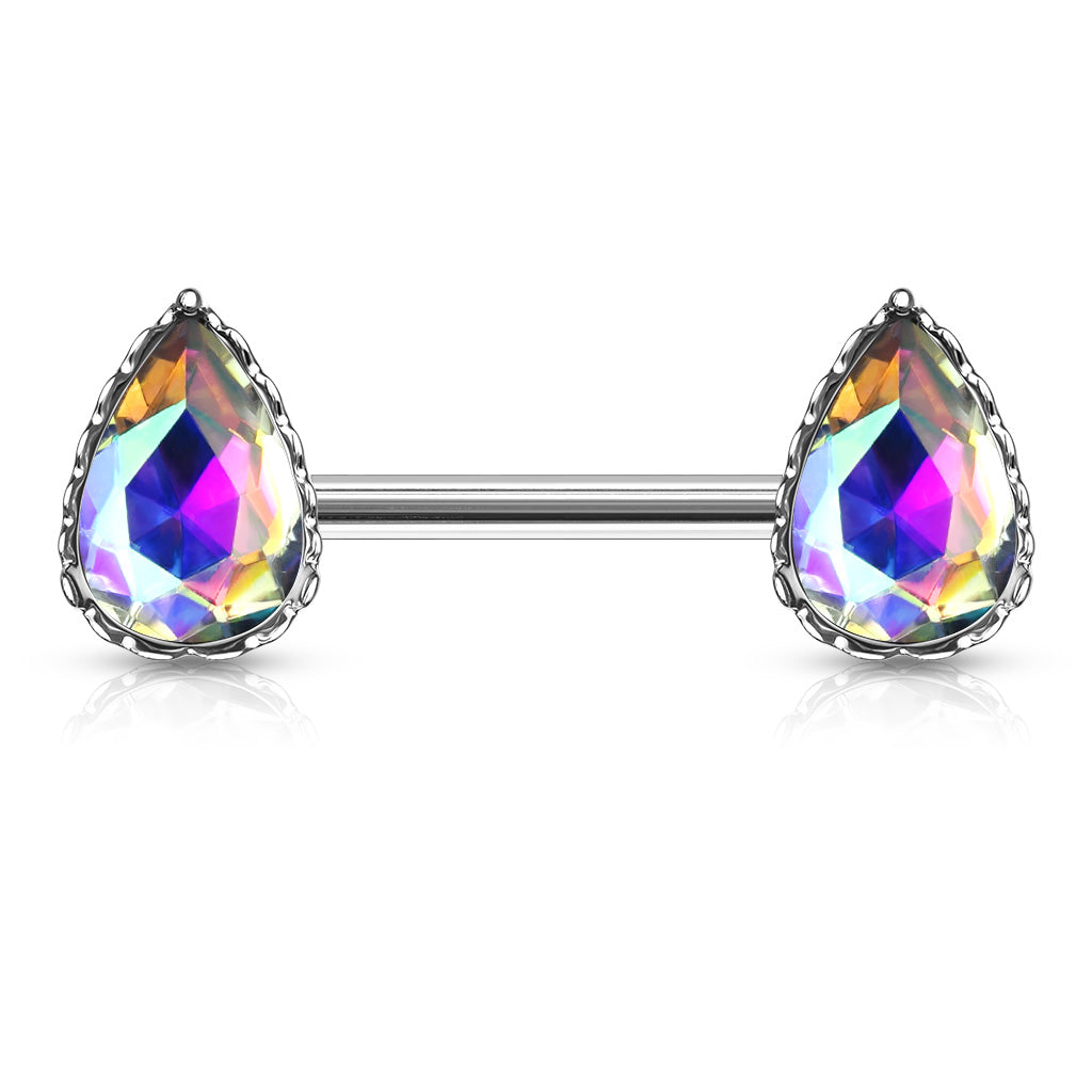 Pair of 14G Sparkling Clear Red Effect Teardrop Stones Nipple Barbells. Nipple Piercing. Nipple Rings. Nipple Jewelry
