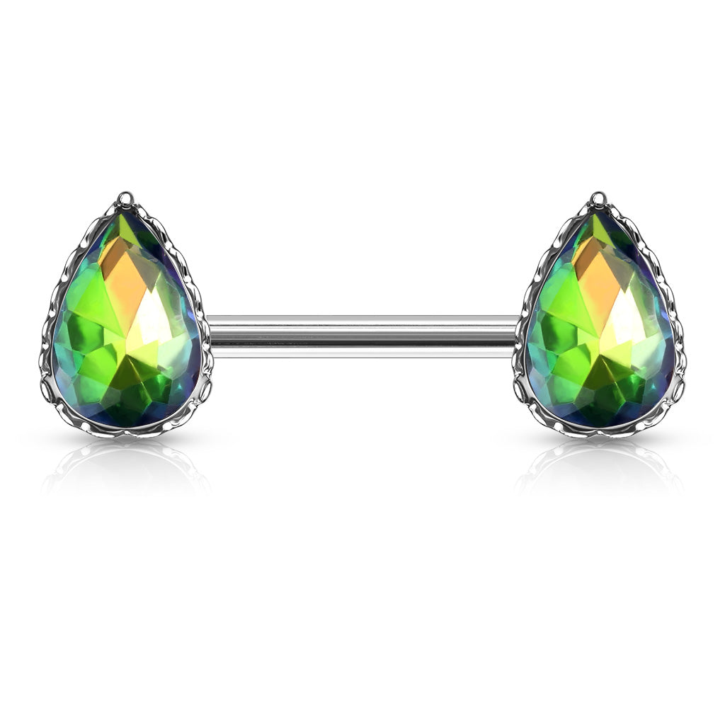 Pair of 14G Sparkling Clear Red Effect Teardrop Stones Nipple Barbells. Nipple Piercing. Nipple Rings. Nipple Jewelry