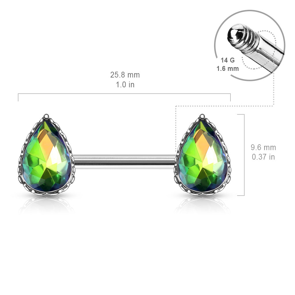Pair of 14G Sparkling Clear Red Effect Teardrop Stones Nipple Barbells. Nipple Piercing. Nipple Rings. Nipple Jewelry
