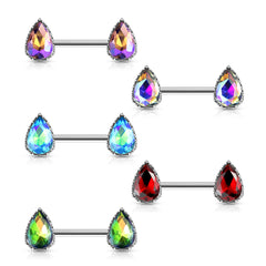 Pair of 14G Sparkling Clear Red Effect Teardrop Stones Nipple Barbells. Nipple Piercing. Nipple Rings. Nipple Jewelry