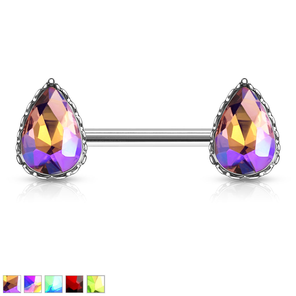 Pair of 14G Sparkling Clear Red Effect Teardrop Stones Nipple Barbells. Nipple Piercing. Nipple Rings. Nipple Jewelry