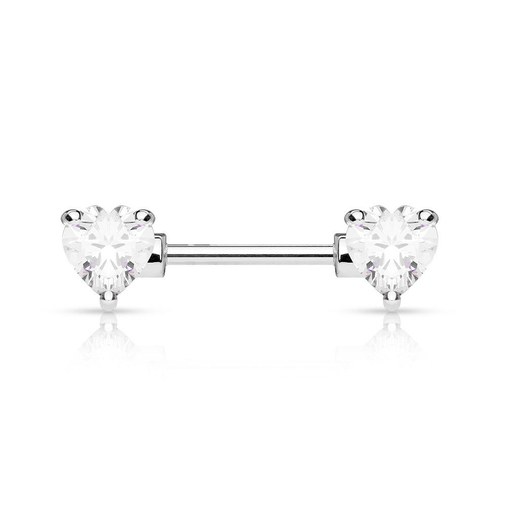 Pair of 14G Silver Sparkling Heart Gems Nipple Barbells.Nipple Piercing. Nipple Rings. Nipple Jewelry. Body Jewelry.Heart Nipple Ring