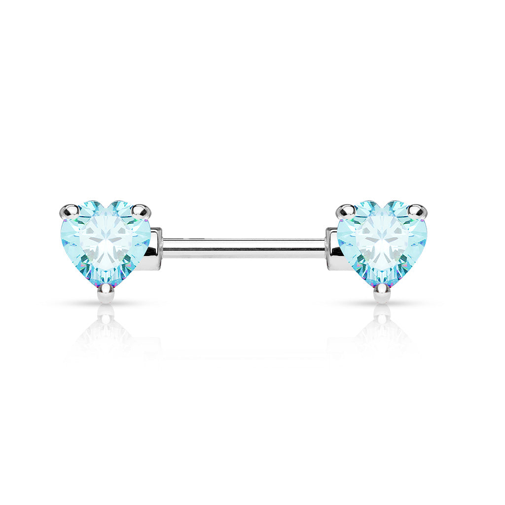 Pair of 14G Silver Sparkling Heart Gems Nipple Barbells.Nipple Piercing. Nipple Rings. Nipple Jewelry. Body Jewelry.Heart Nipple Ring