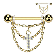 Dangle Chain Nipple Ring, Triple Tier Chain Dangle Nipple Piercing Barbell Jewelry, 14G Gold Nipple Ring