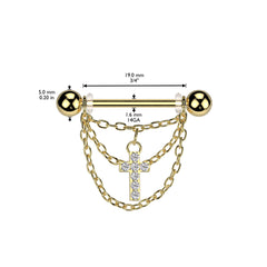 Dangle Chain Nipple Ring, Triple Tier Chain Dangle Nipple Piercing Barbell Jewelry, 14G Gold Nipple Ring