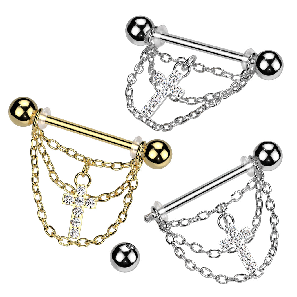 Dangle Chain Nipple Ring, Triple Tier Chain Dangle Nipple Piercing Barbell Jewelry, 14G Gold Nipple Ring