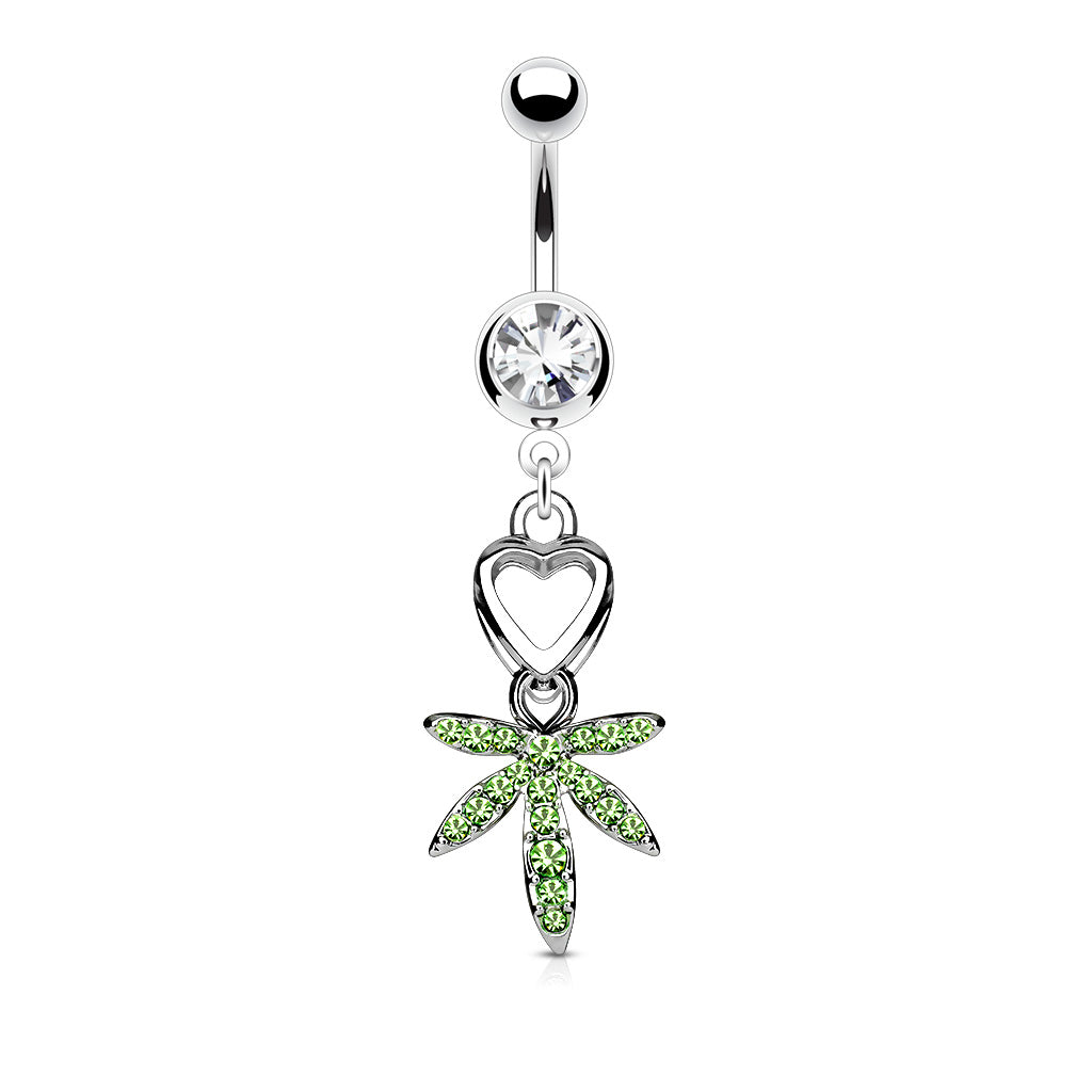 14G Silver Dangling Heart and Gem Marijuana Leaf Belly Button Ring