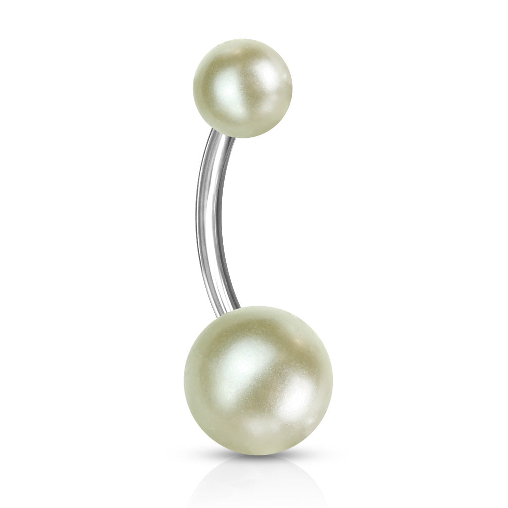 14G Silver Off White Pearl Texture Basic Belly Button Ring