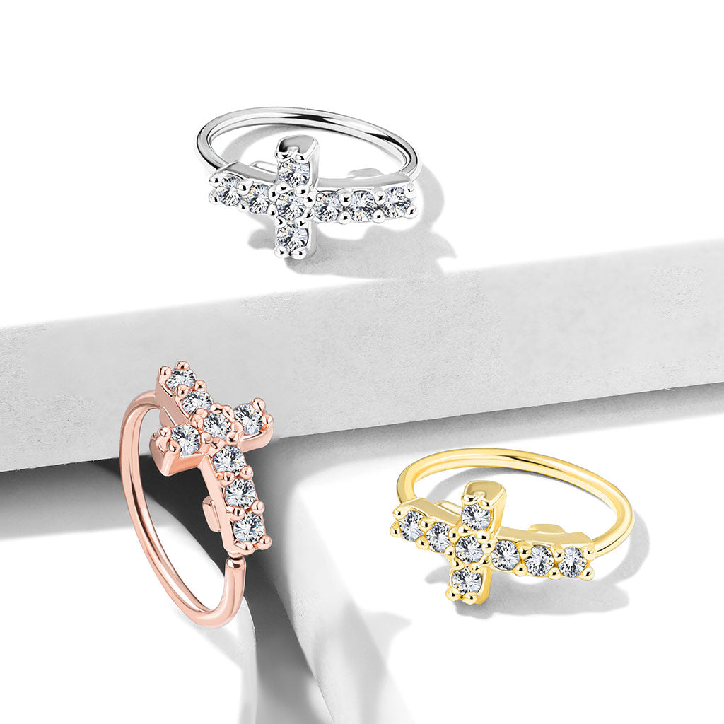 Cross CZ Bendable Hoop for Nose & Cartilage. Nose Piercing. Nose Ring. Nose Hoops.
