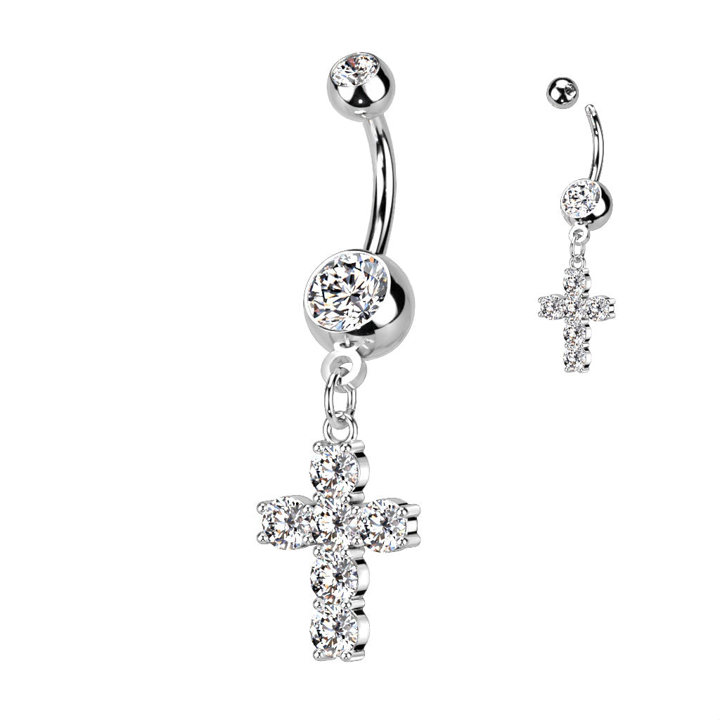Dangling Cross with Prong Set Sparkling Clear Stones Belly Button Ring. Belly Ring. Belly Piercing.