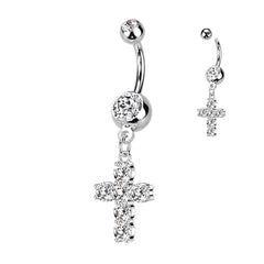 Dangling Cross with Prong Set Sparkling Clear Stones Belly Button Ring. Belly Ring. Belly Piercing.