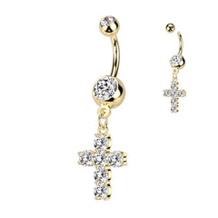 Dangling Cross with Prong Set Sparkling Clear Stones Belly Button Ring. Belly Ring. Belly Piercing.