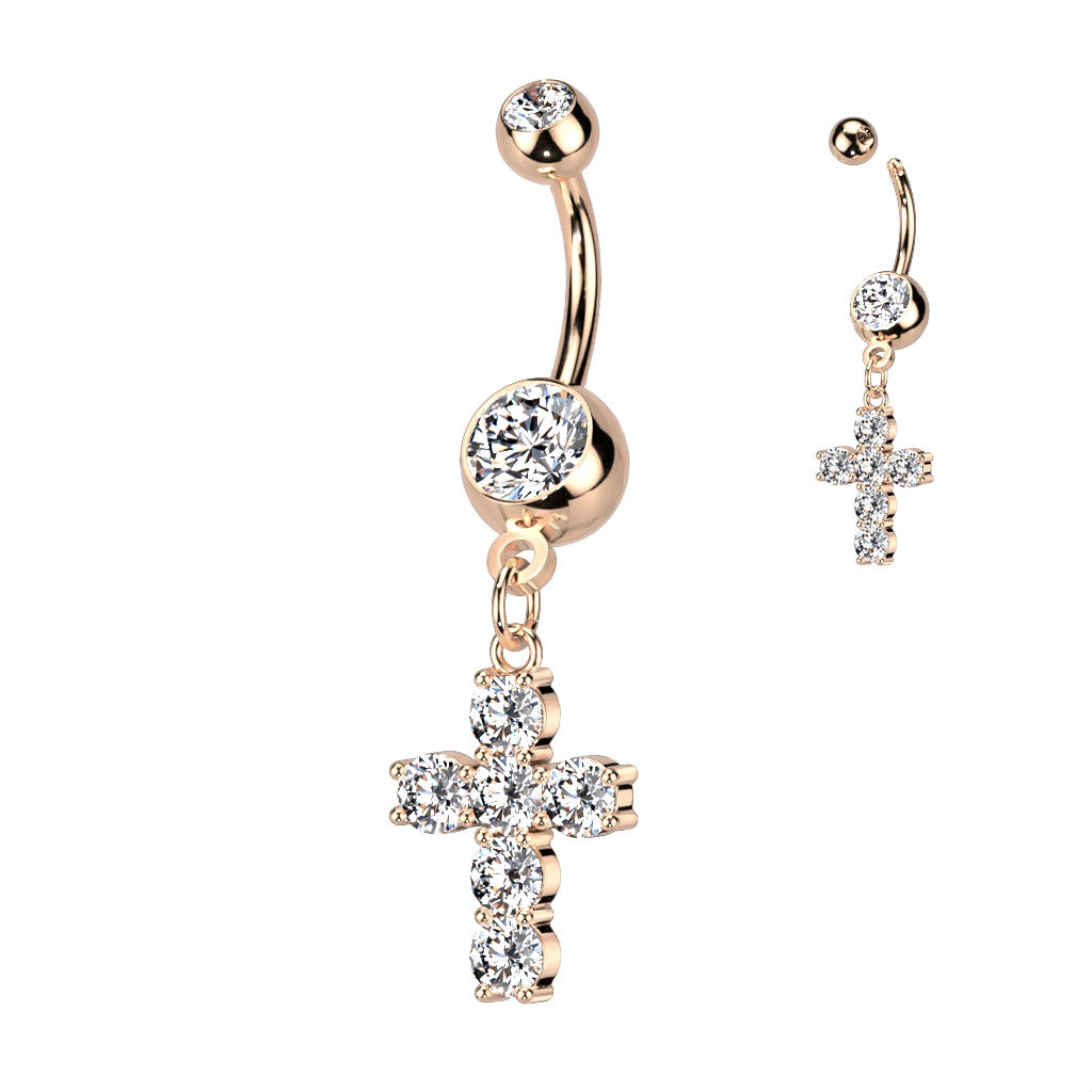 Dangling Cross with Prong Set Sparkling Clear Stones Belly Button Ring. Belly Ring. Belly Piercing.