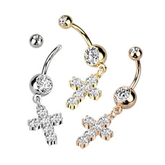 Dangling Cross with Prong Set Sparkling Clear Stones Belly Button Ring. Belly Ring. Belly Piercing.