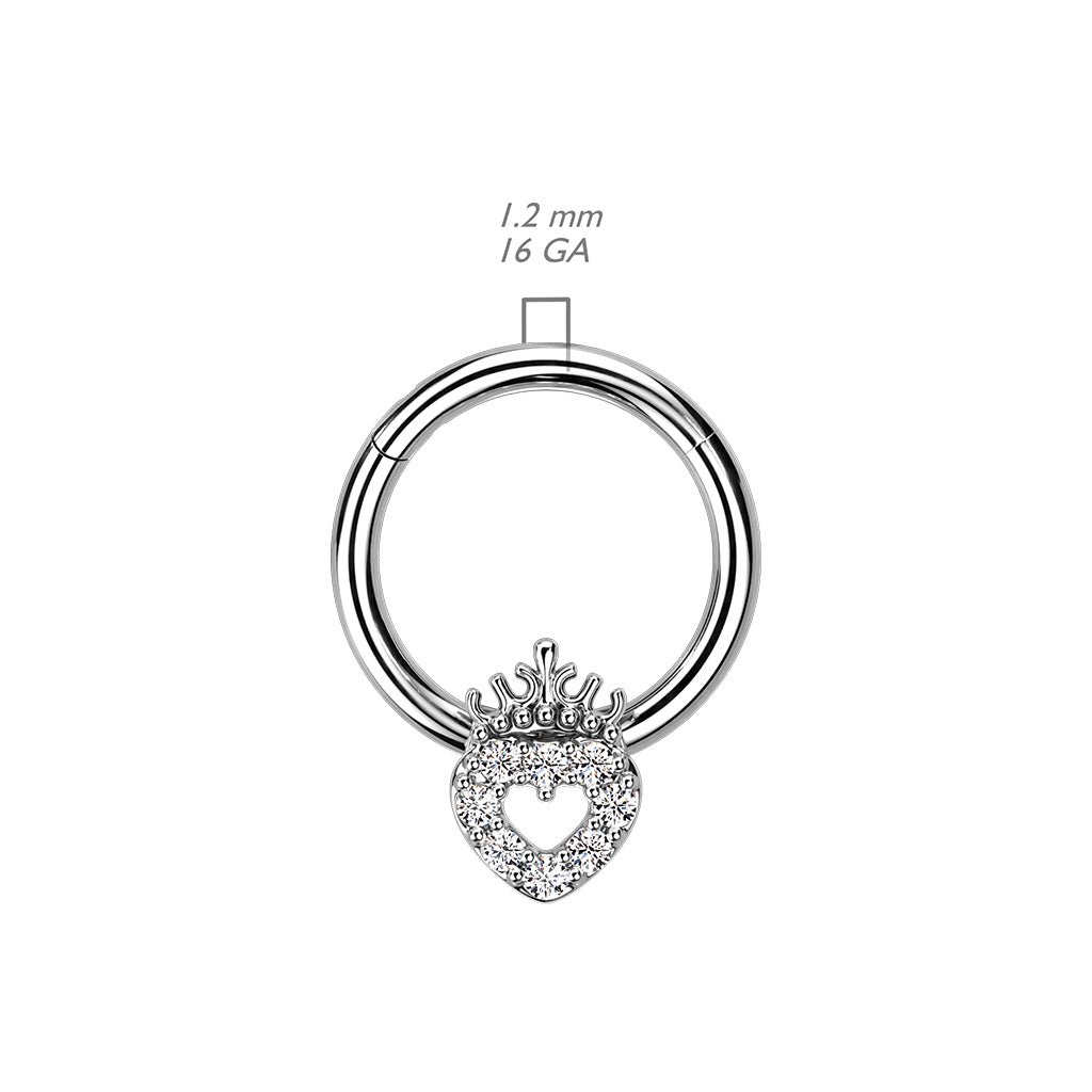 16G Sparkling Multicolor Stone Heart Crown Top 8mm Surgical Steel Seamless Hinged Septum Clicker Ring.