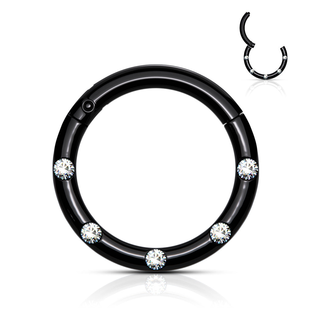 16G  Round Hinged Septum Clicker Ring with Multiple Clear Gems