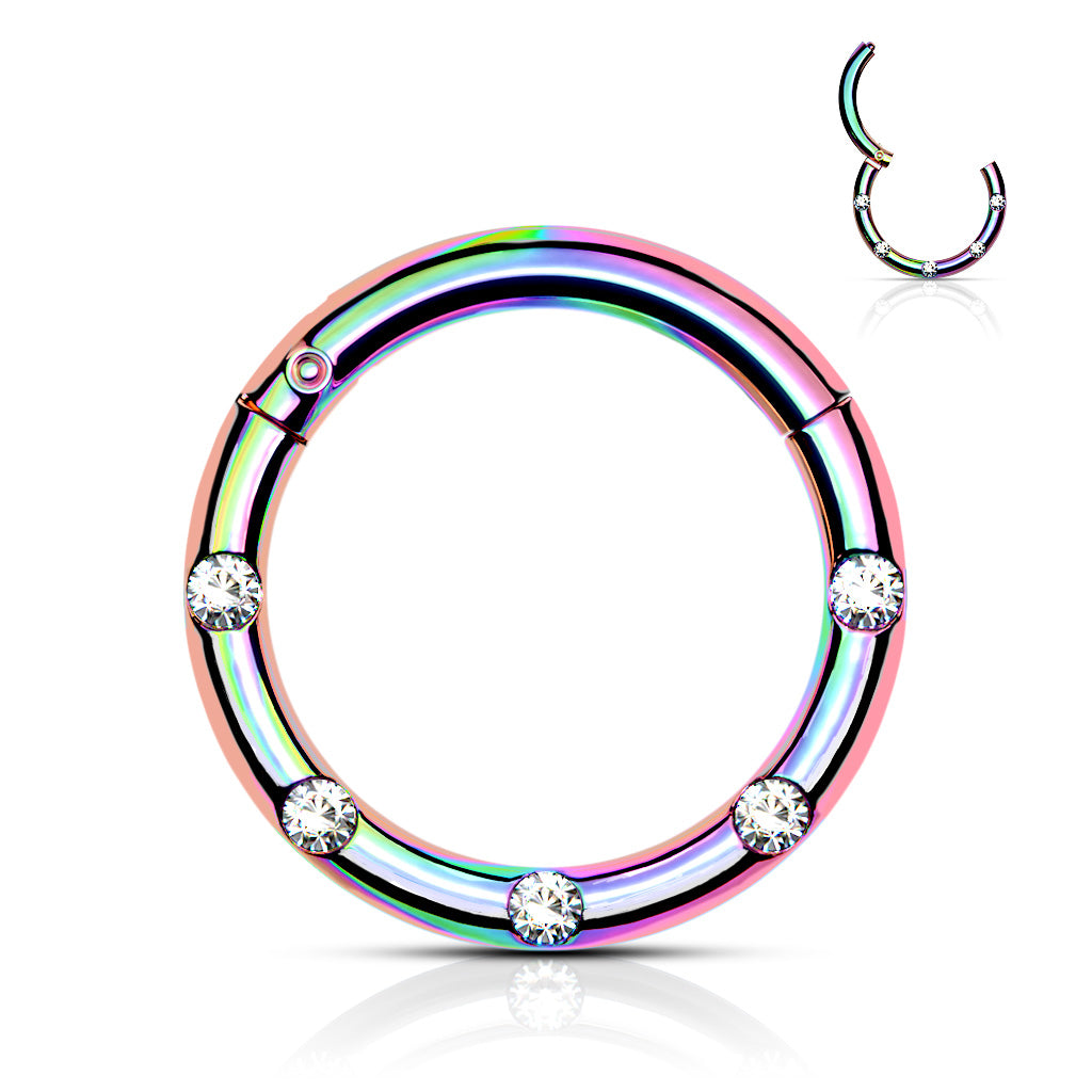 16G  Round Hinged Septum Clicker Ring with Multiple Clear Gems