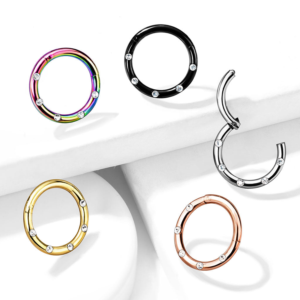 16G  Round Hinged Septum Clicker Ring with Multiple Clear Gems