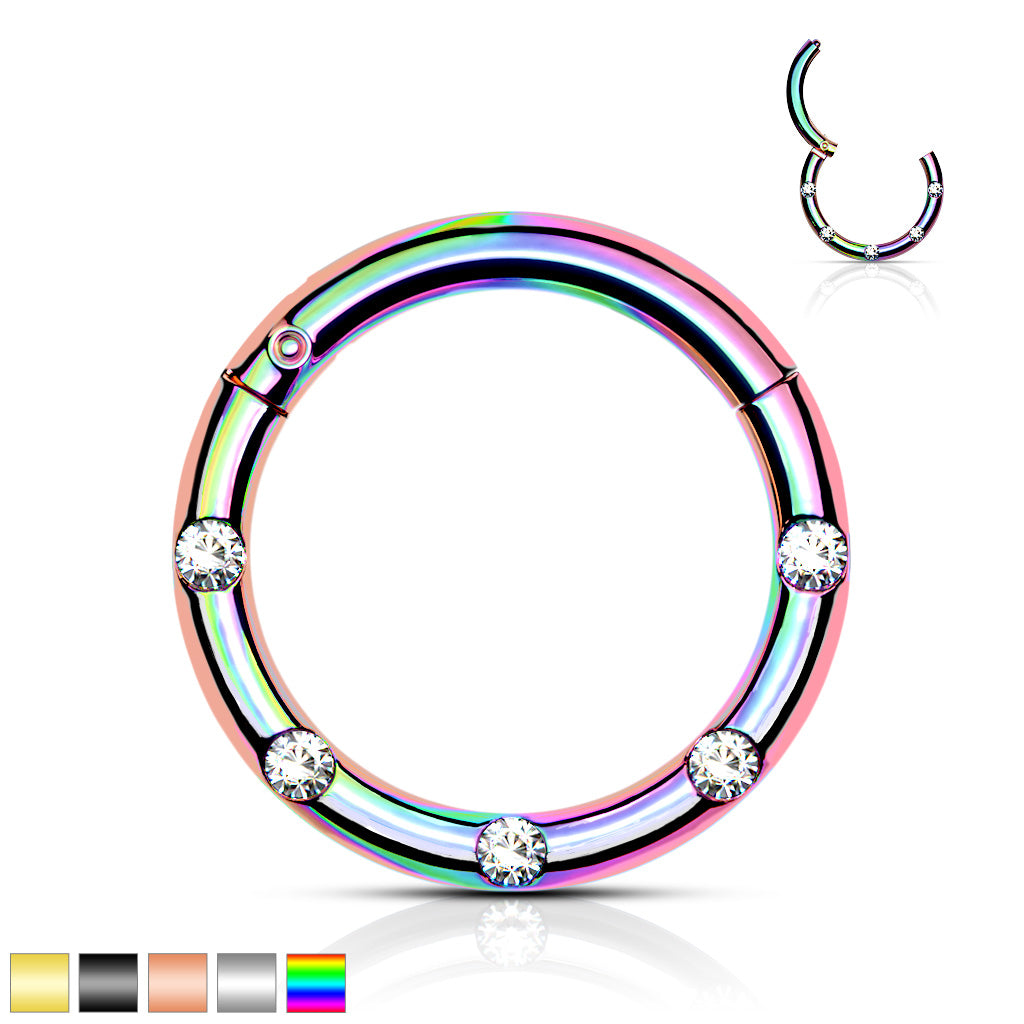 16G  Round Hinged Septum Clicker Ring with Multiple Clear Gems