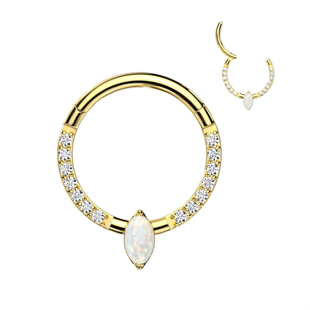 16G Titanium Hinged Septum Clicker Hoop Ring with Marquise White Opal