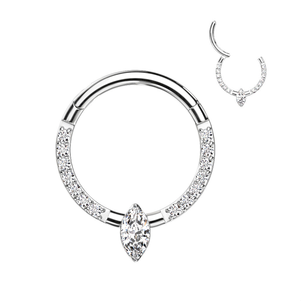 16G Titanium Hinged Septum Clicker Hoop Ring with Marquise White Opal
