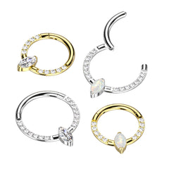 16G Titanium Hinged Septum Clicker Hoop Ring with Marquise White Opal