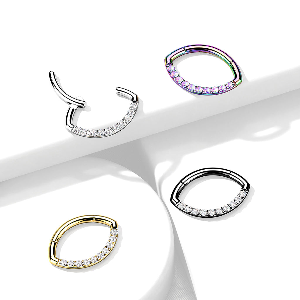 Silver Implant Grade Titanium Single Line Stones Oval Hinged Septum Clicker Ring