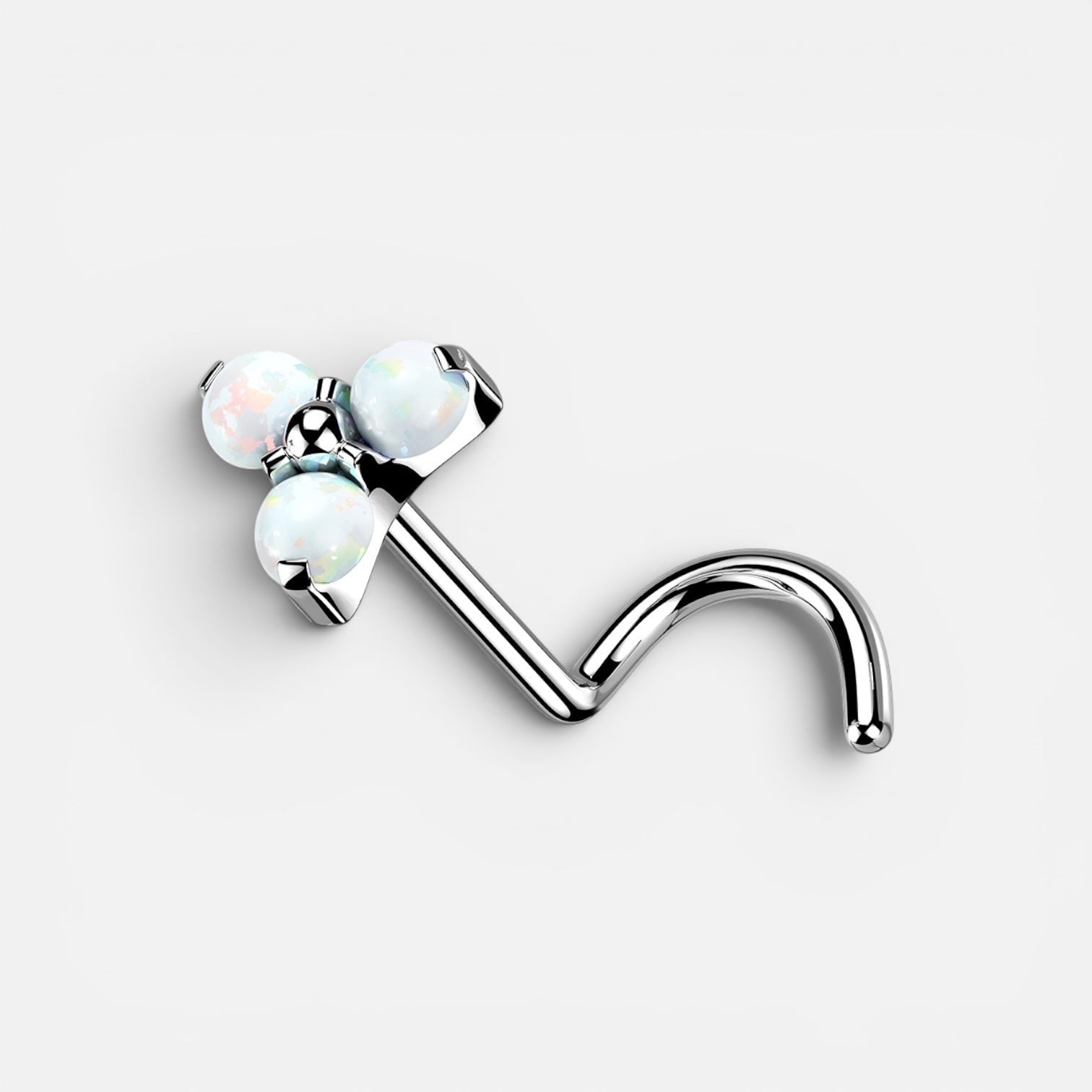 AABodyJewelry flower top corkscrew nose stud with white opals, made of titanium.