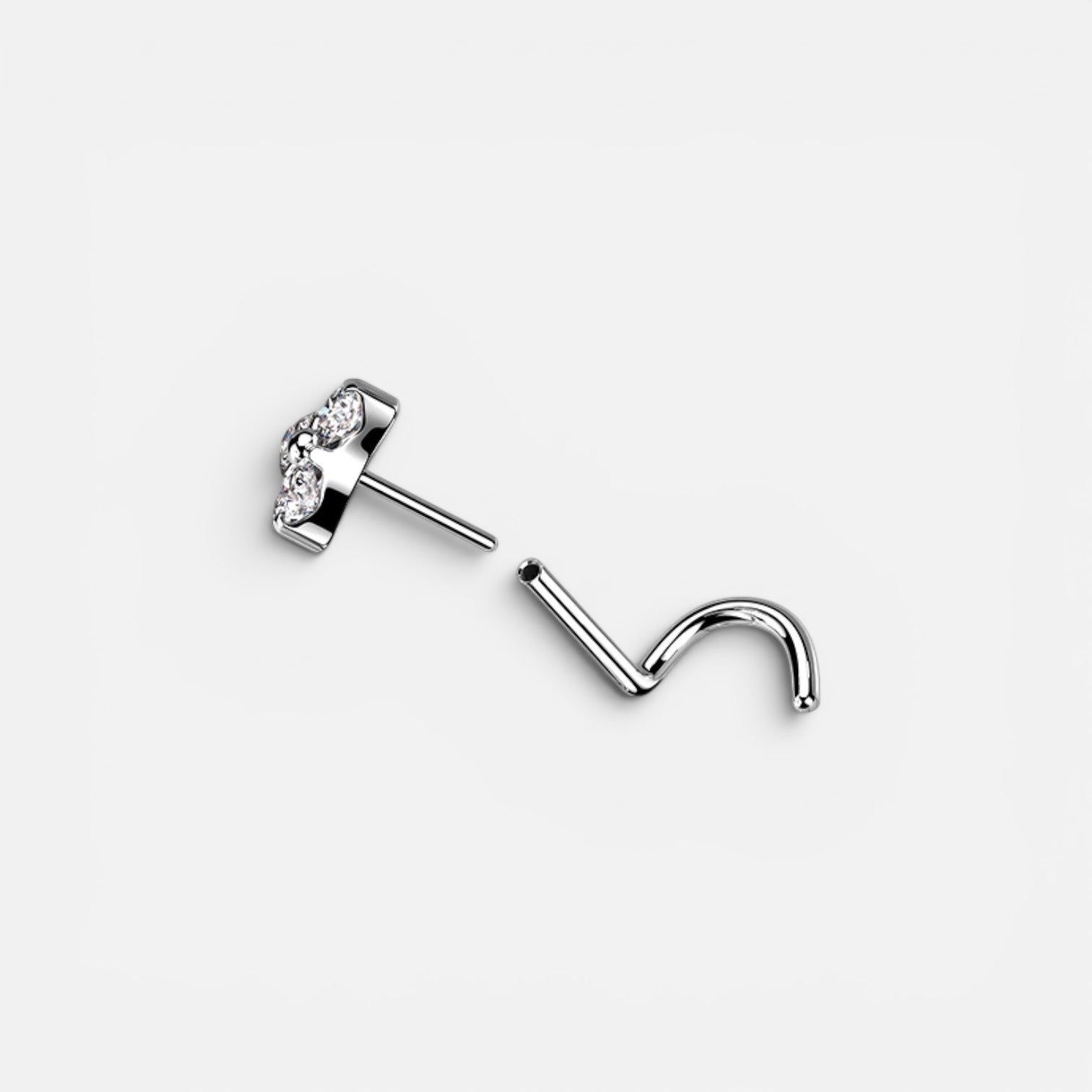 AABodyJewelry sparkling flower top corkscrew nose stud in titanium with clear CZ gems. Threadless push pin design.