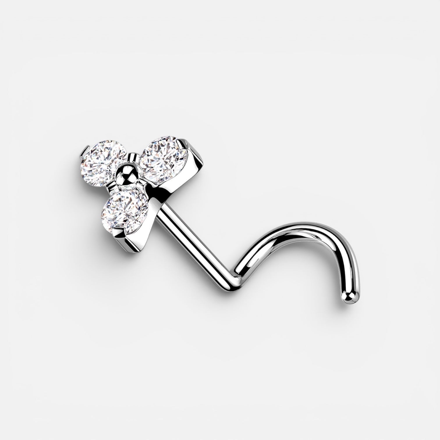 AABodyJewelry sparkling flower top corkscrew nose stud with clear CZ gems, made of titanium.