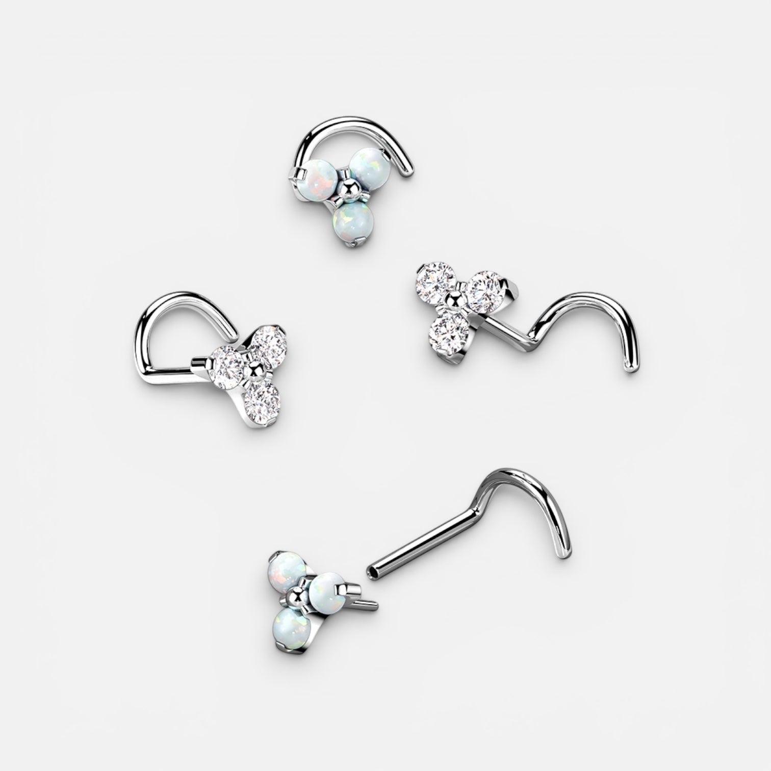 AABodyJewelry silver corkscrew nose stud with a flower top featuring three opals. Titanium, 5mm top size.
