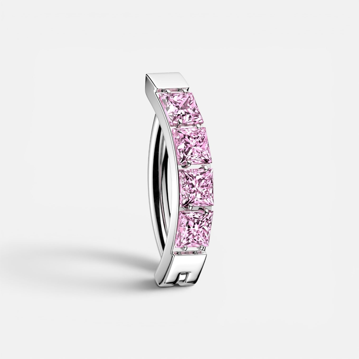 AABodyJewelry 14GA navel ring featuring four pink princess-cut stones in a curved silver channel setting.