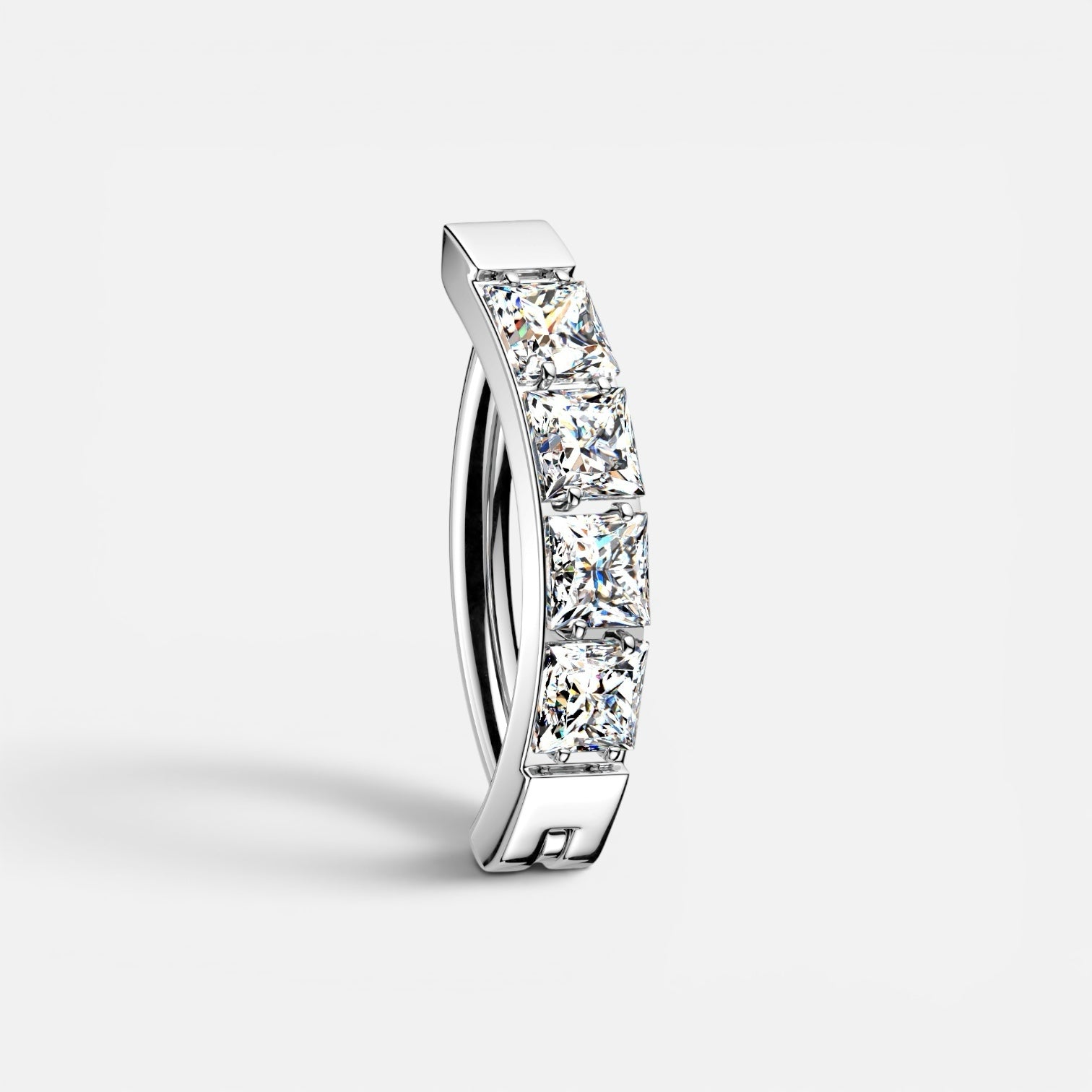AABodyJewelry 14GA navel ring featuring four princess-cut clear stones in a polished silver-tone curved channel setting.