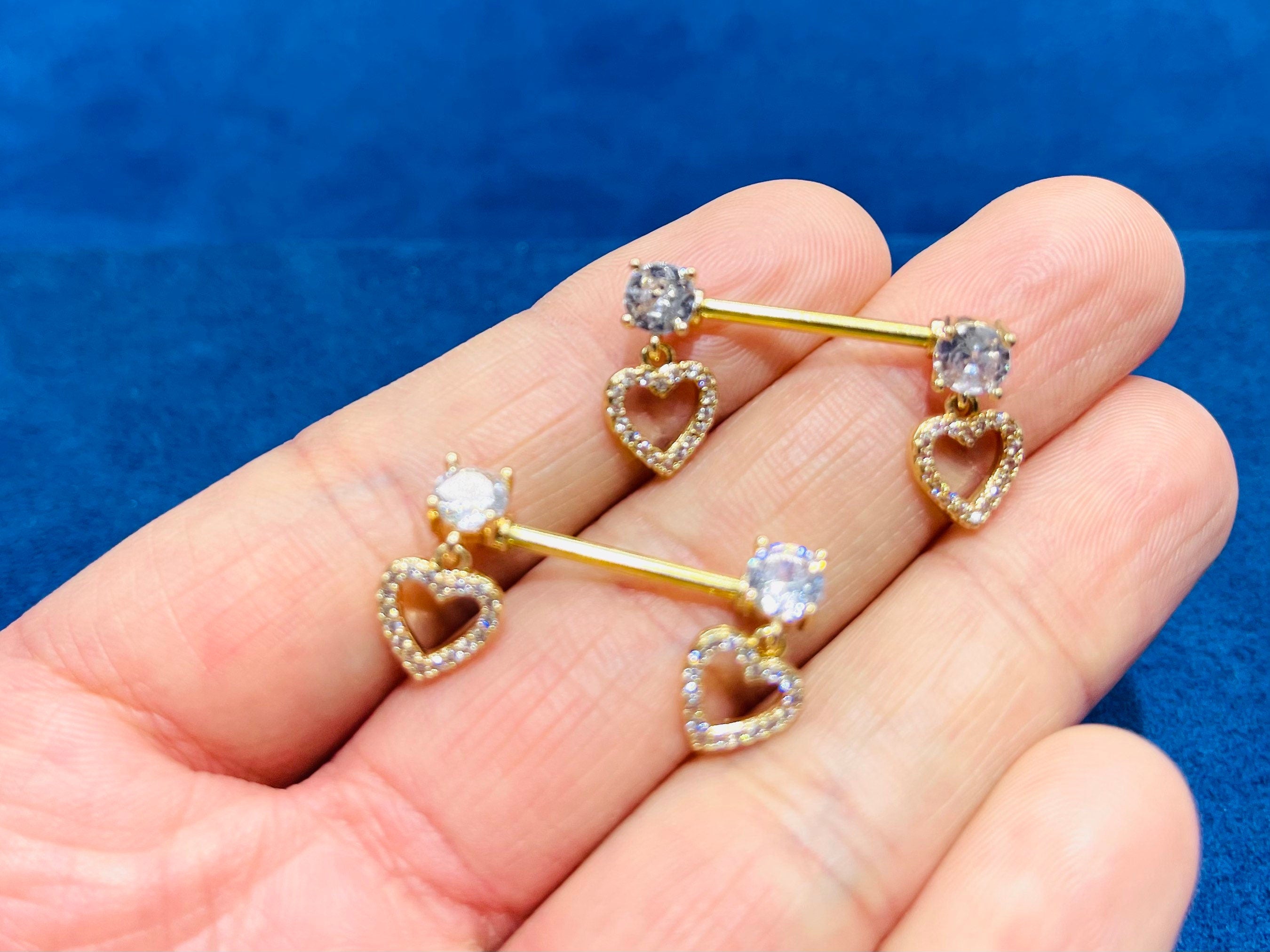 Pair of 14G Dainty Dangling Heart Nipple Barbell Jewelry • Nipple Ring • Nipple Piercing