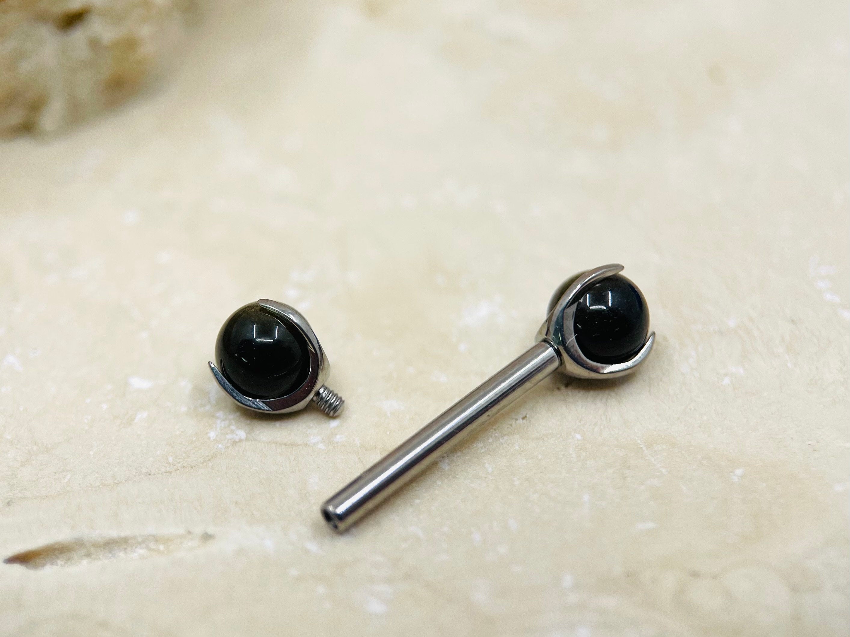 Black Obsidian Stone Titanium Nipple Barbell • Internally Threaded Titanium Nipple Jewelry • Nipple Piercing