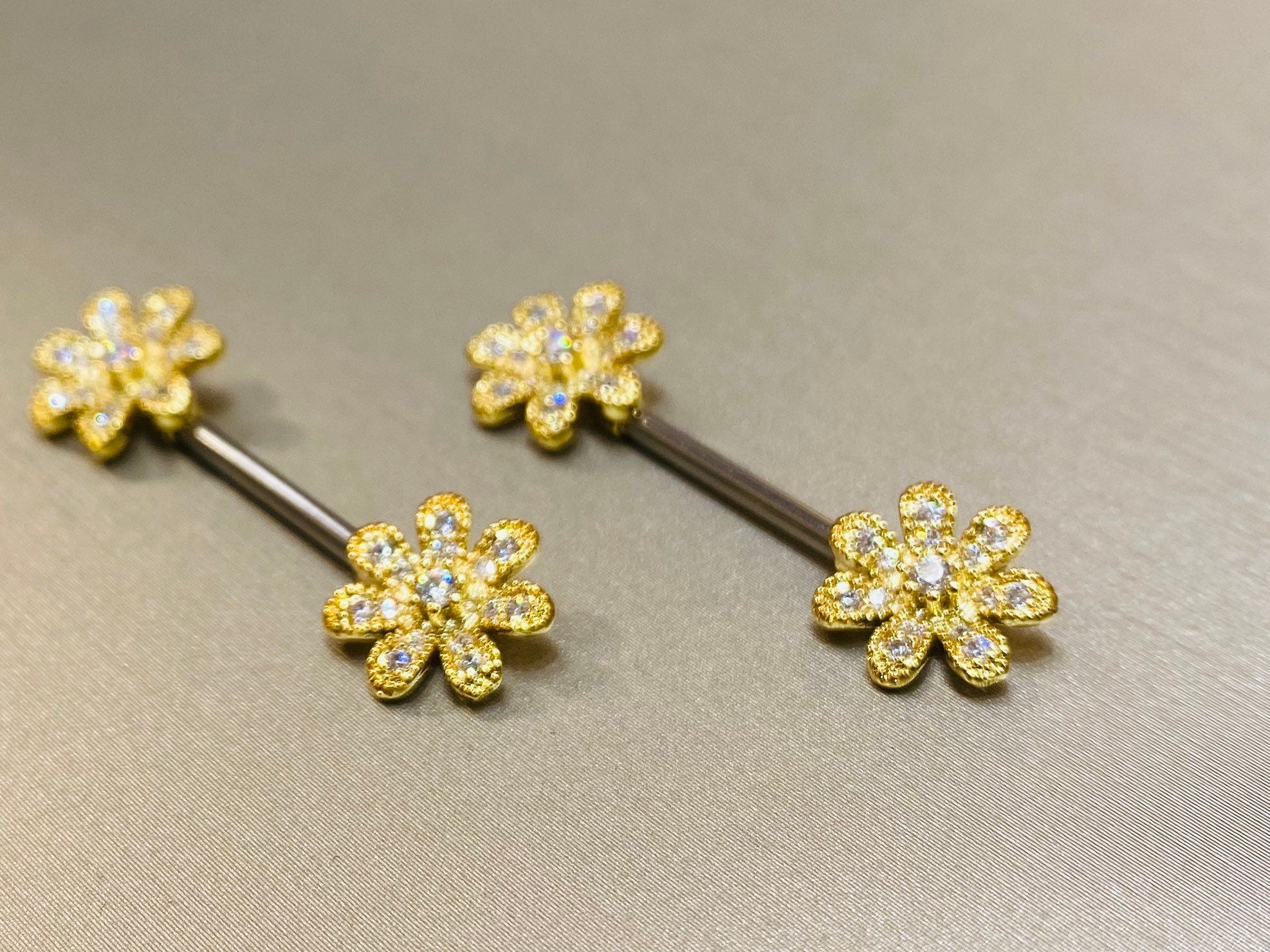 14G Dainty Gold Flower Nipple Barbell. Nipple Piercings. Nipple Rings. Nipple Jewelry