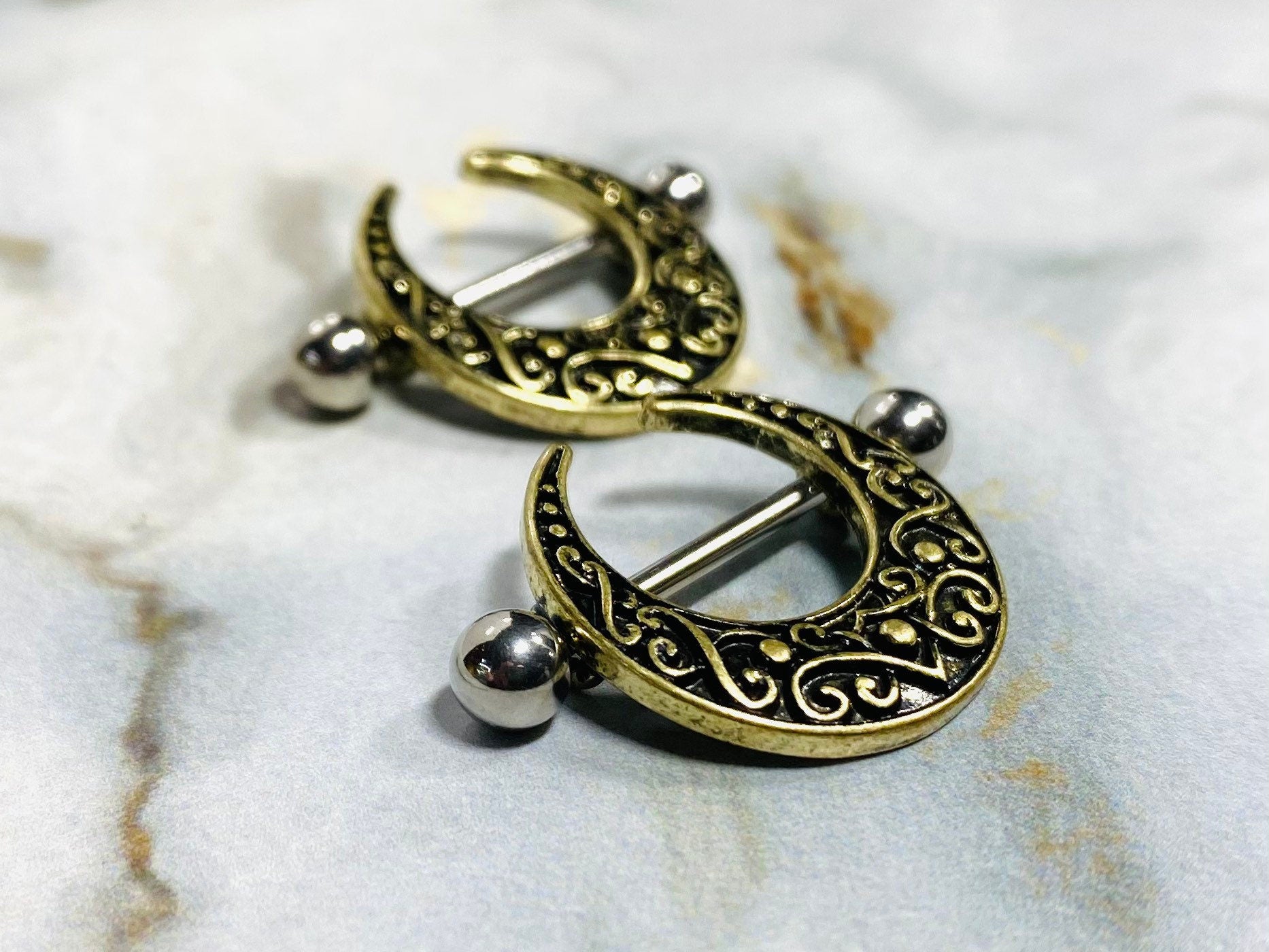 Pair of 14G Antique Gold Crescent Filigree Nipple Shields. Nipple Piercings. Nipple Rings. Nipple Barbells. Nipple Jewelry